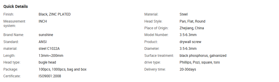 Drywall Schraube Parameter